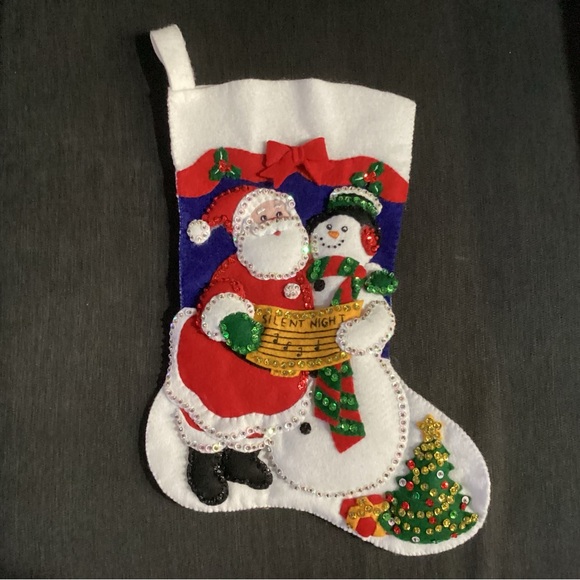 Completed Bucilla Santa & Snowman Felt Stocking